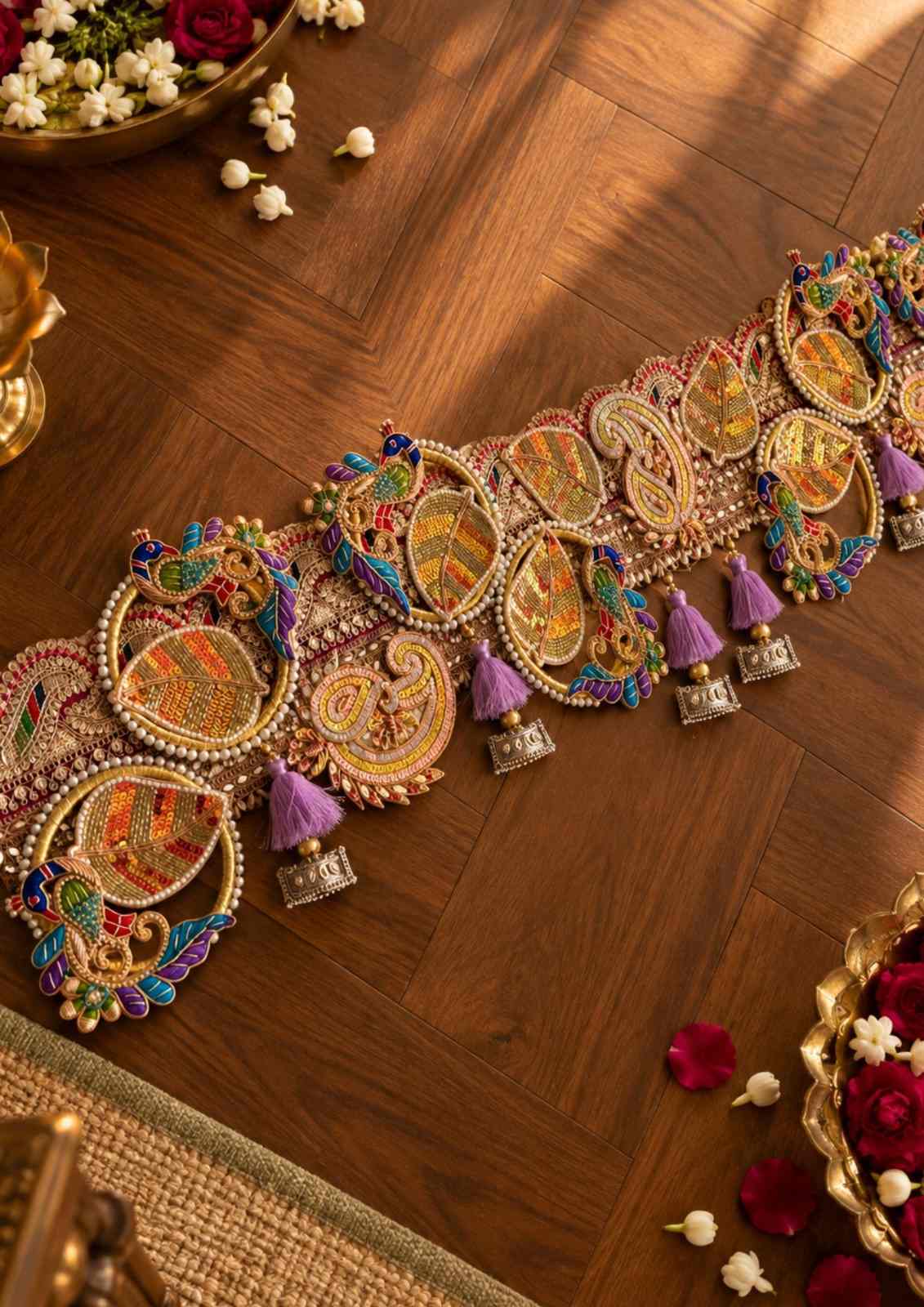 Colorful peacock door toran with round embellished motifs and purple tassel trims