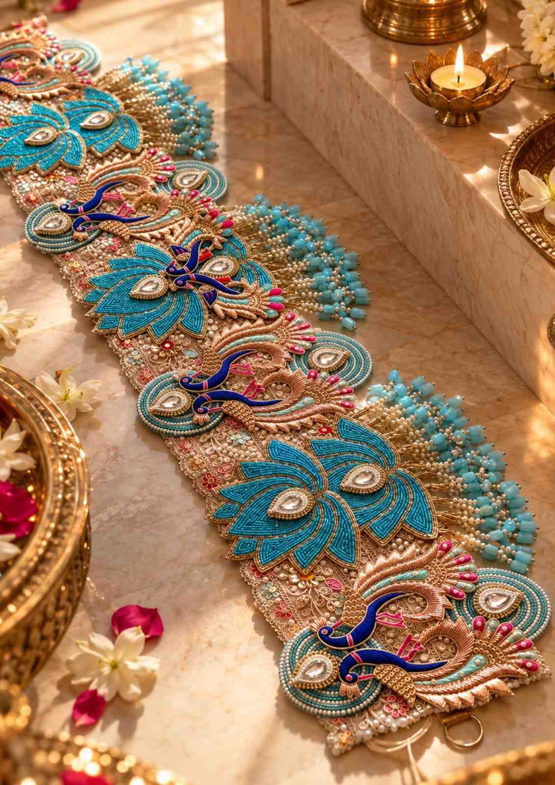 Premsons® peacock decorative toran, turquoise beadwork with multicolor accents