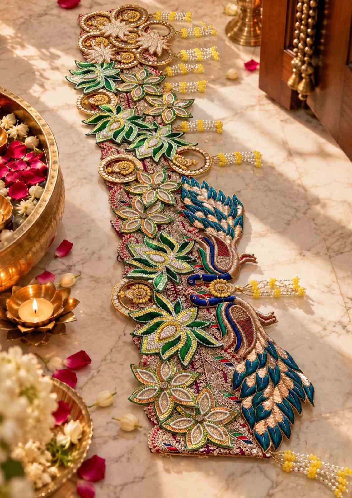 Large embroidered peacock toran door hanging with gold, teal and green floral details