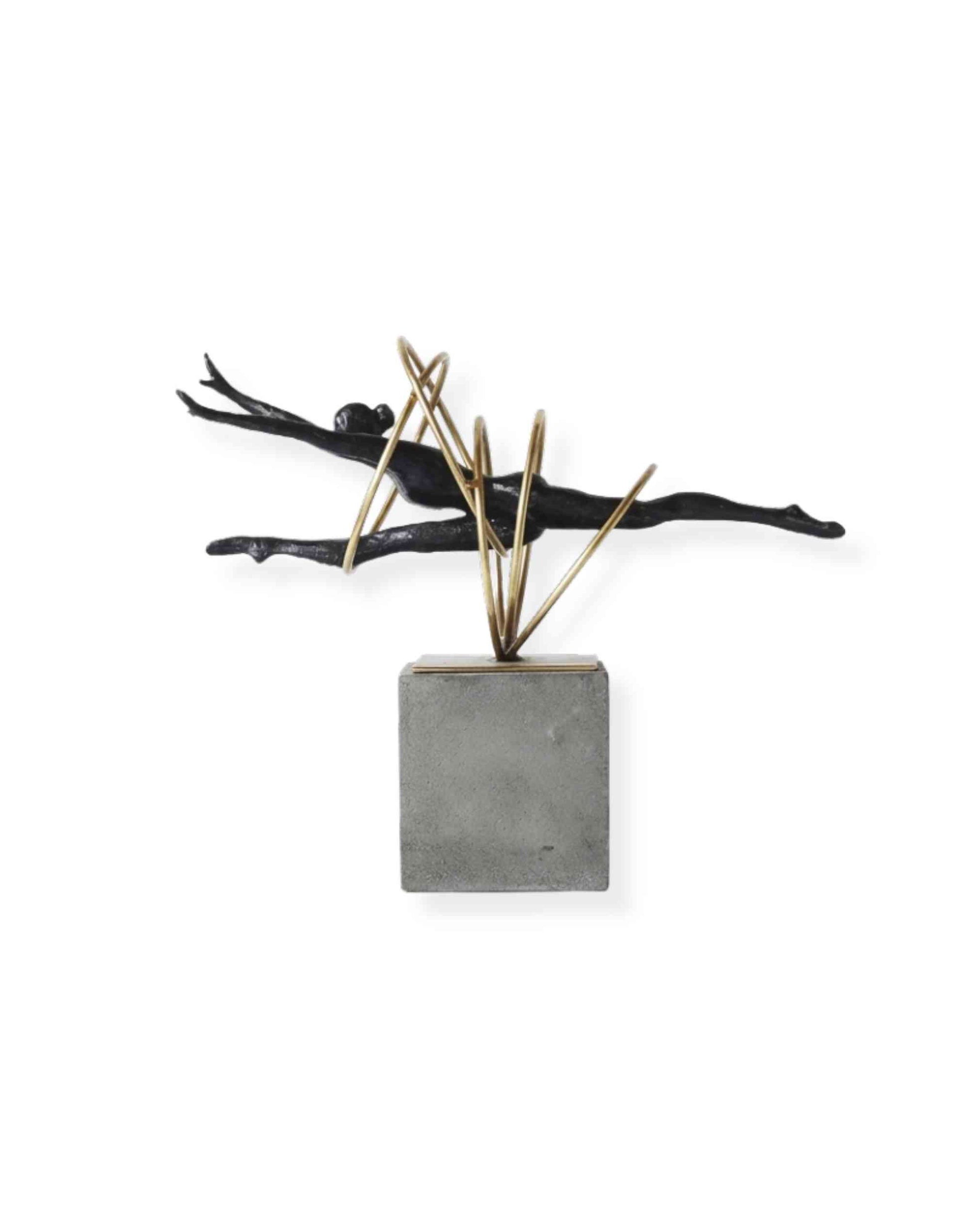 Wing-shaped black resin arms with gold rods on gray square base