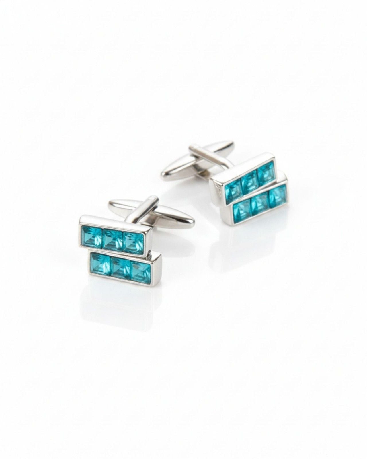 Premsons® Aqua Blue Faceted Crystal Bar Silver Cufflinks for Men