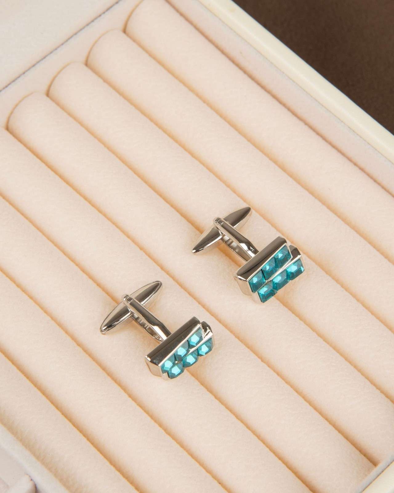 Premsons® Aqua Blue Faceted Crystal Bar Silver Cufflinks for Men