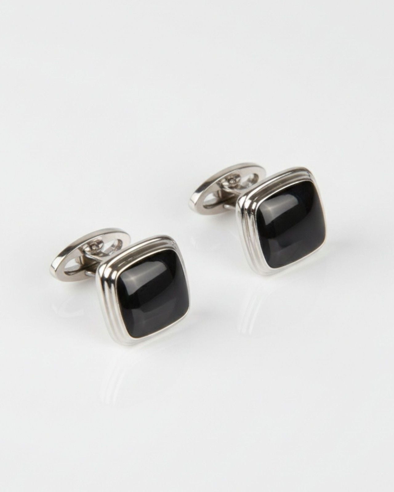 Premsons® Black Gloss Cushion Shape Silver Cufflinks for Men