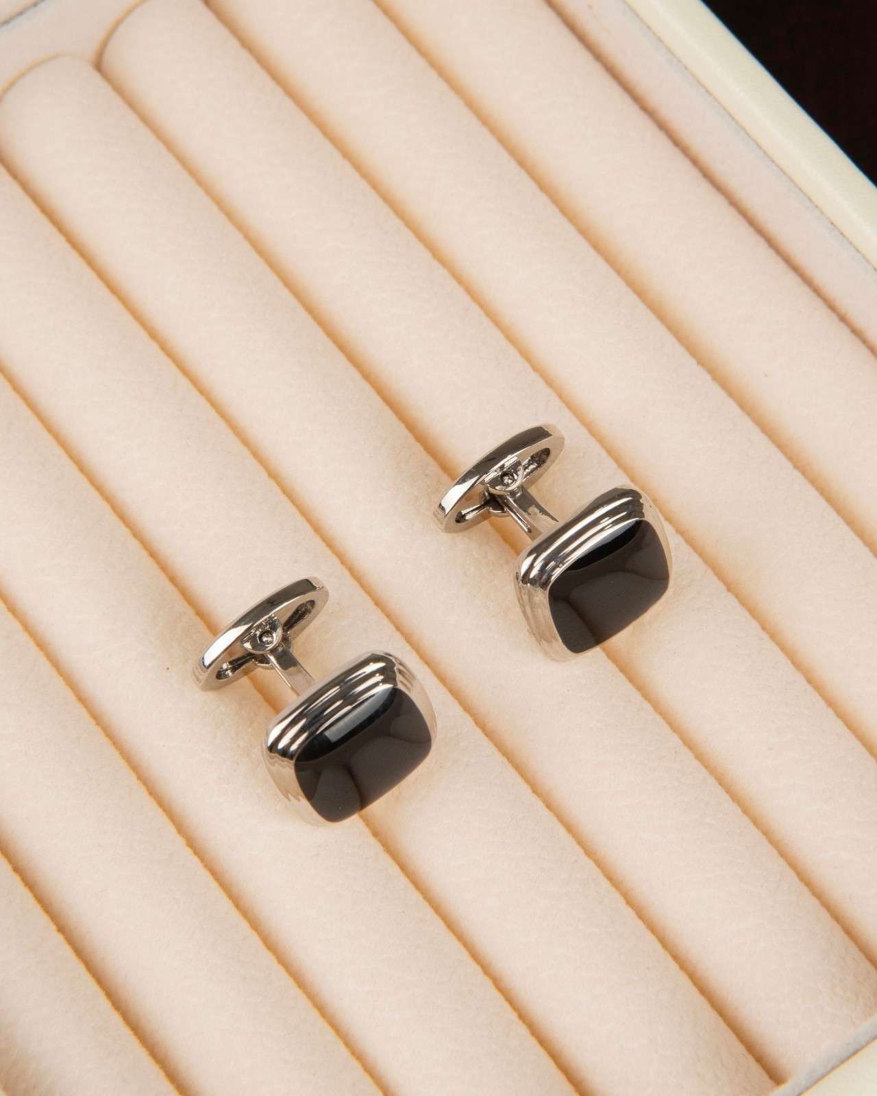 Premsons® Black Gloss Cushion Shape Silver Cufflinks for Men