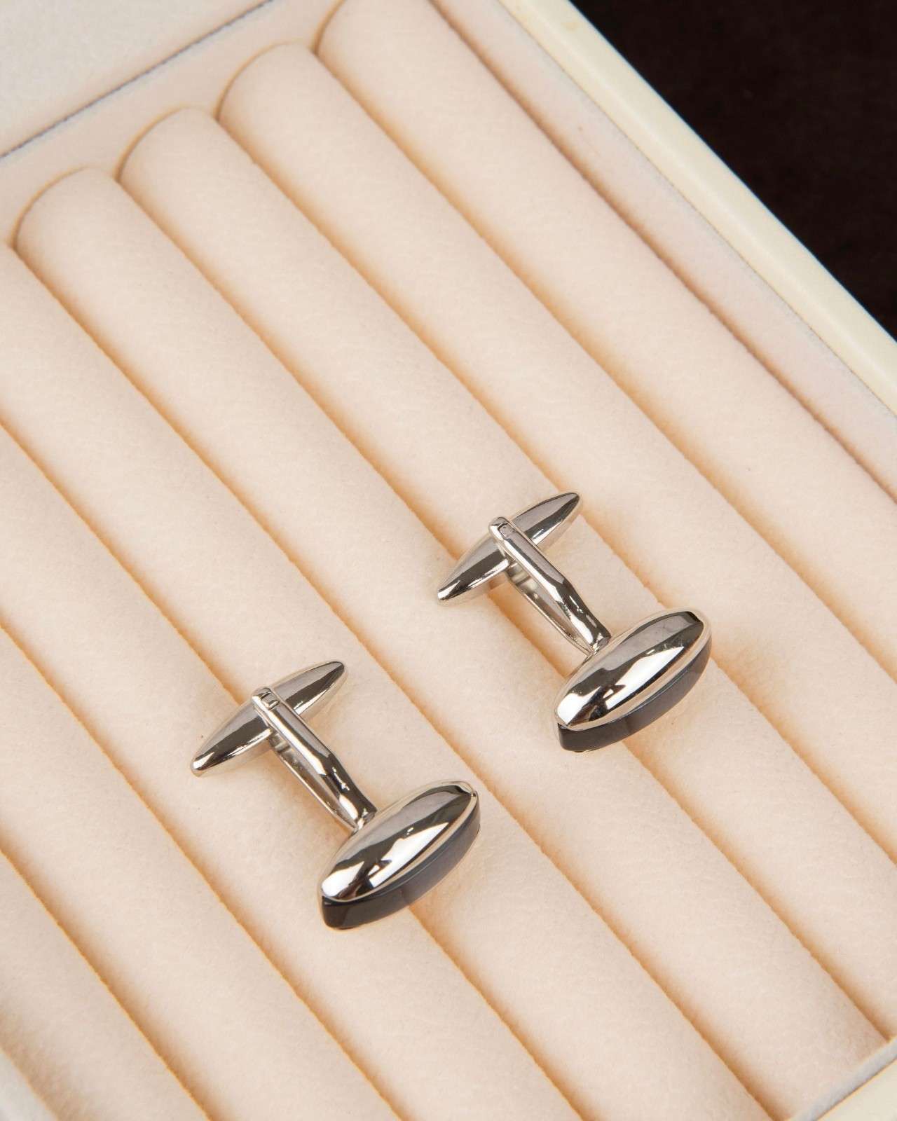 Premsons® Black Gloss Half-Moon Curve Silver Cufflinks for Men
