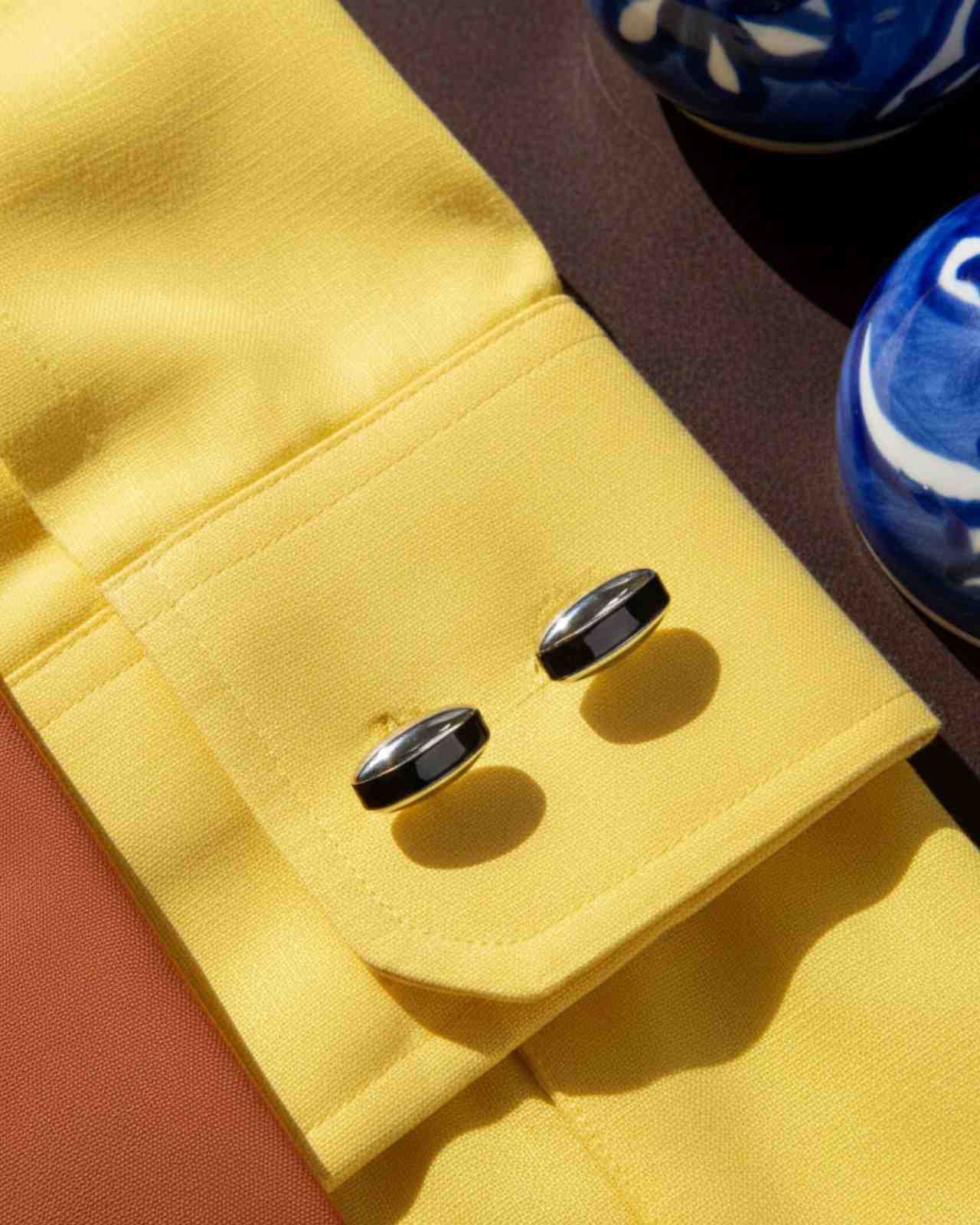 Premsons® Black Gloss Half-Moon Curve Silver Cufflinks for Men