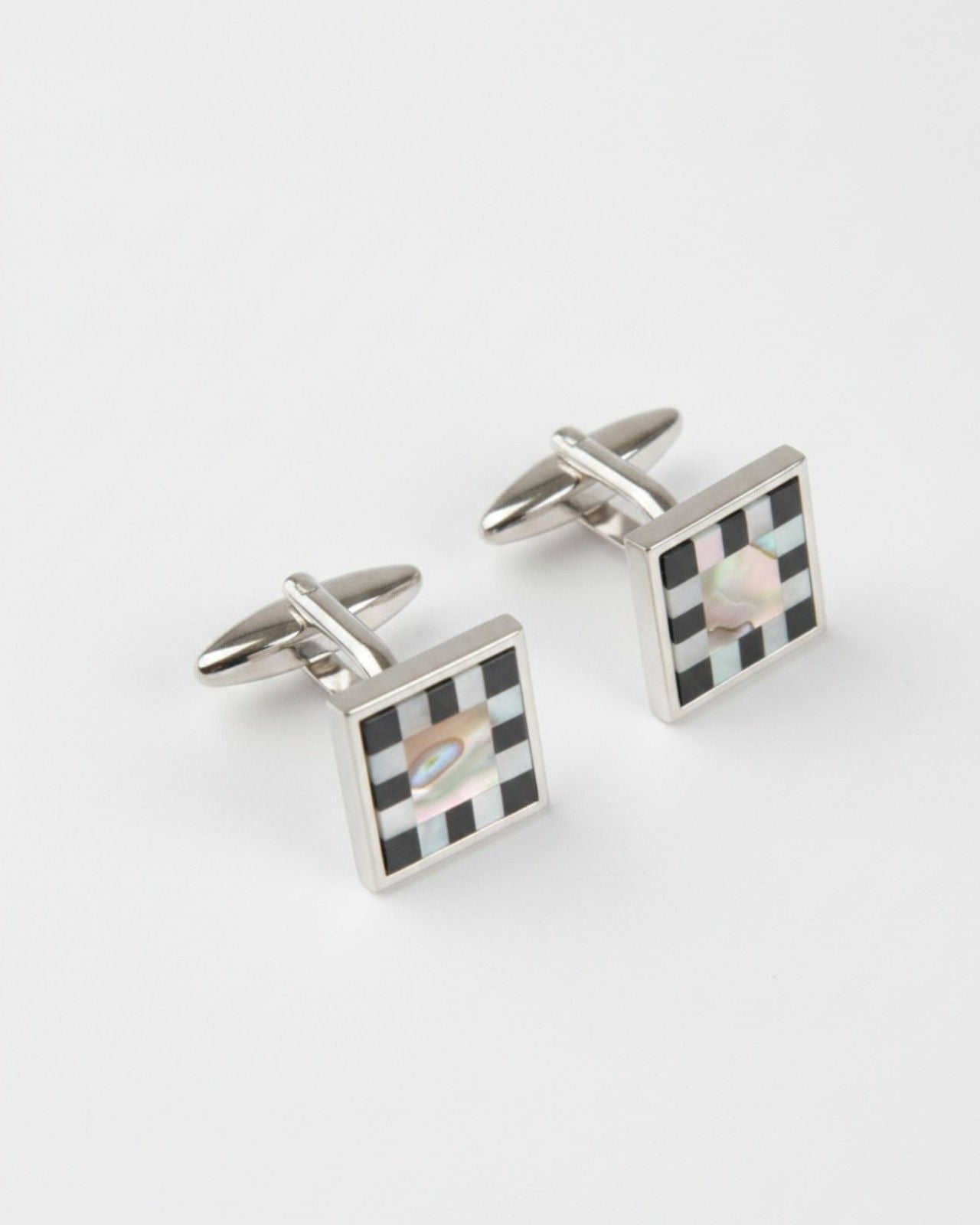 Premsons® Black & Mother of Pearl Checkerboard Square Silver Cufflinks for Men