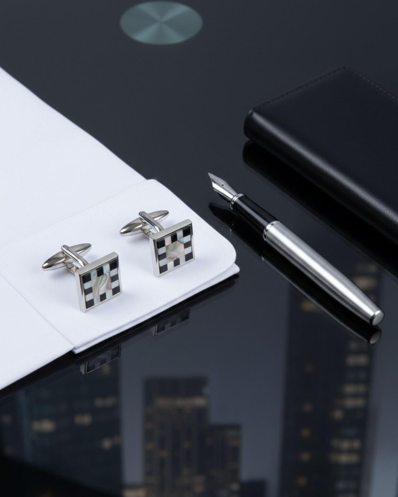 Premsons® Black & Mother of Pearl Checkerboard Square Silver Cufflinks for Men
