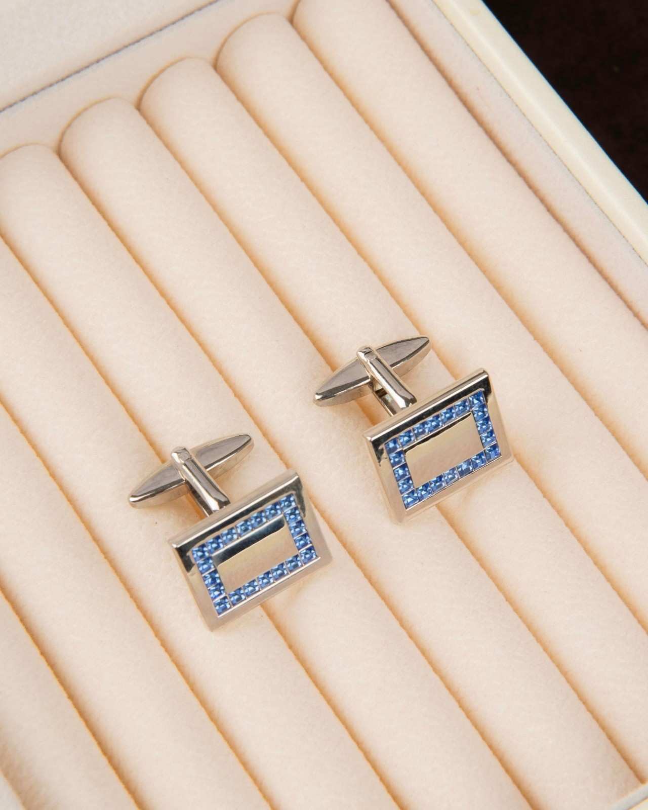 Premsons® Blue Crystal Frame Rectangle Silver Cufflinks for Men