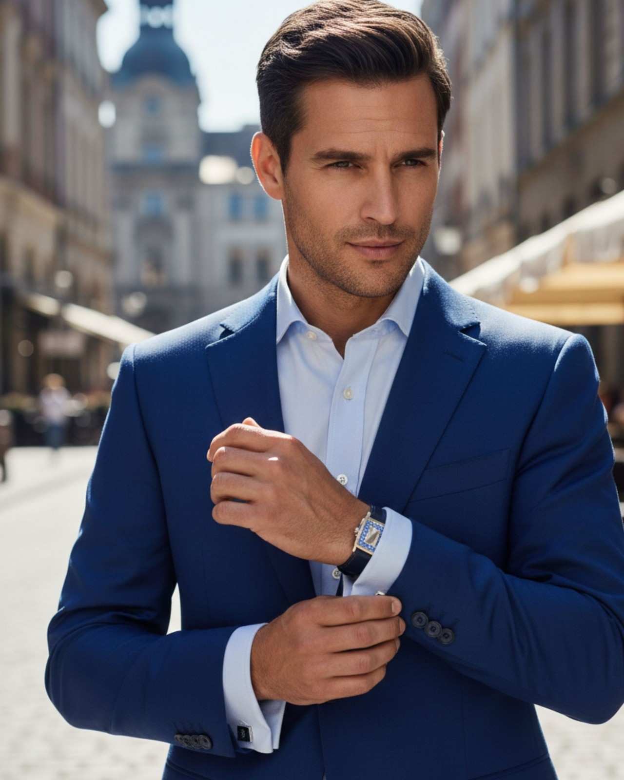 Premsons® Blue Crystal Frame Rectangle Silver Cufflinks for Men