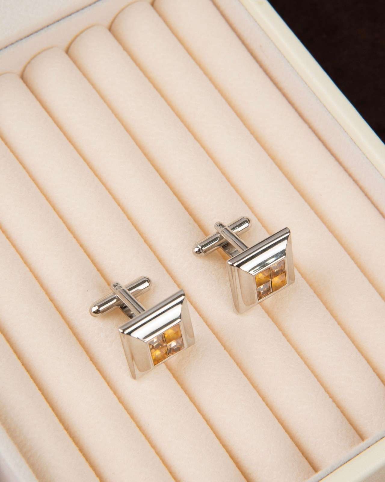 Premsons® Champagne Crystal Square Silver Cufflinks for Men