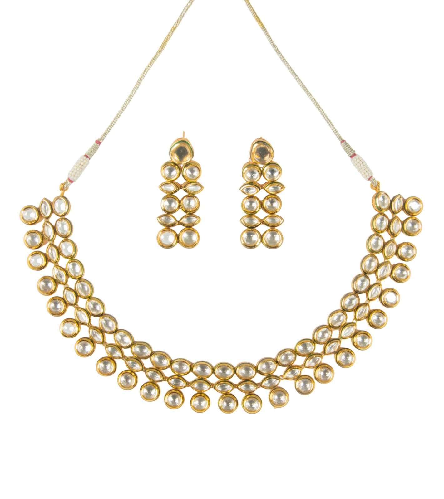 Gold-tone kundan collar necklace with multi-row round bead discs and drop pearls