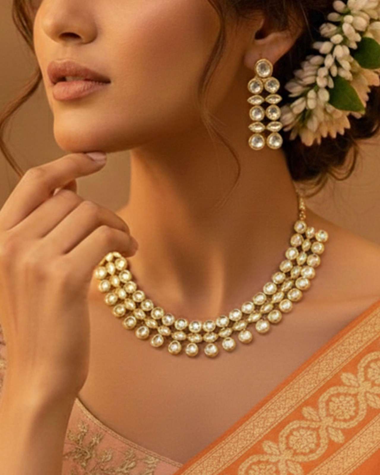 Premsons® Classic Kundan Collar Necklace Set – Layered Kundan Disc Design – Gold & Ivory – Adjustable Fit