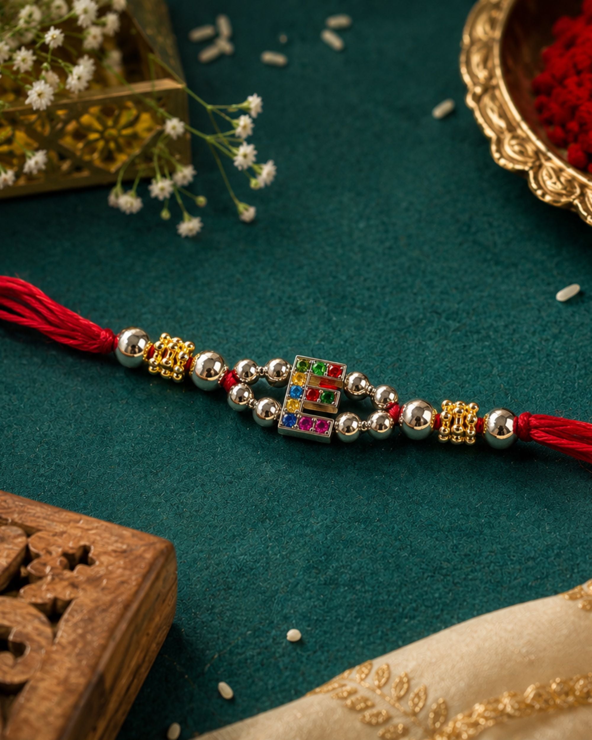 Premsons® Personalized Alphabet Rakhi – Red Thread Crystal Initial Rakhi for Brother