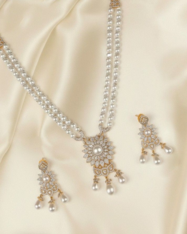 Premsons® Diamond Style Pearl Necklace Set – Double Strand Pearls with CZ Floral Pendant – White, Gold & Silver – Standard Fit