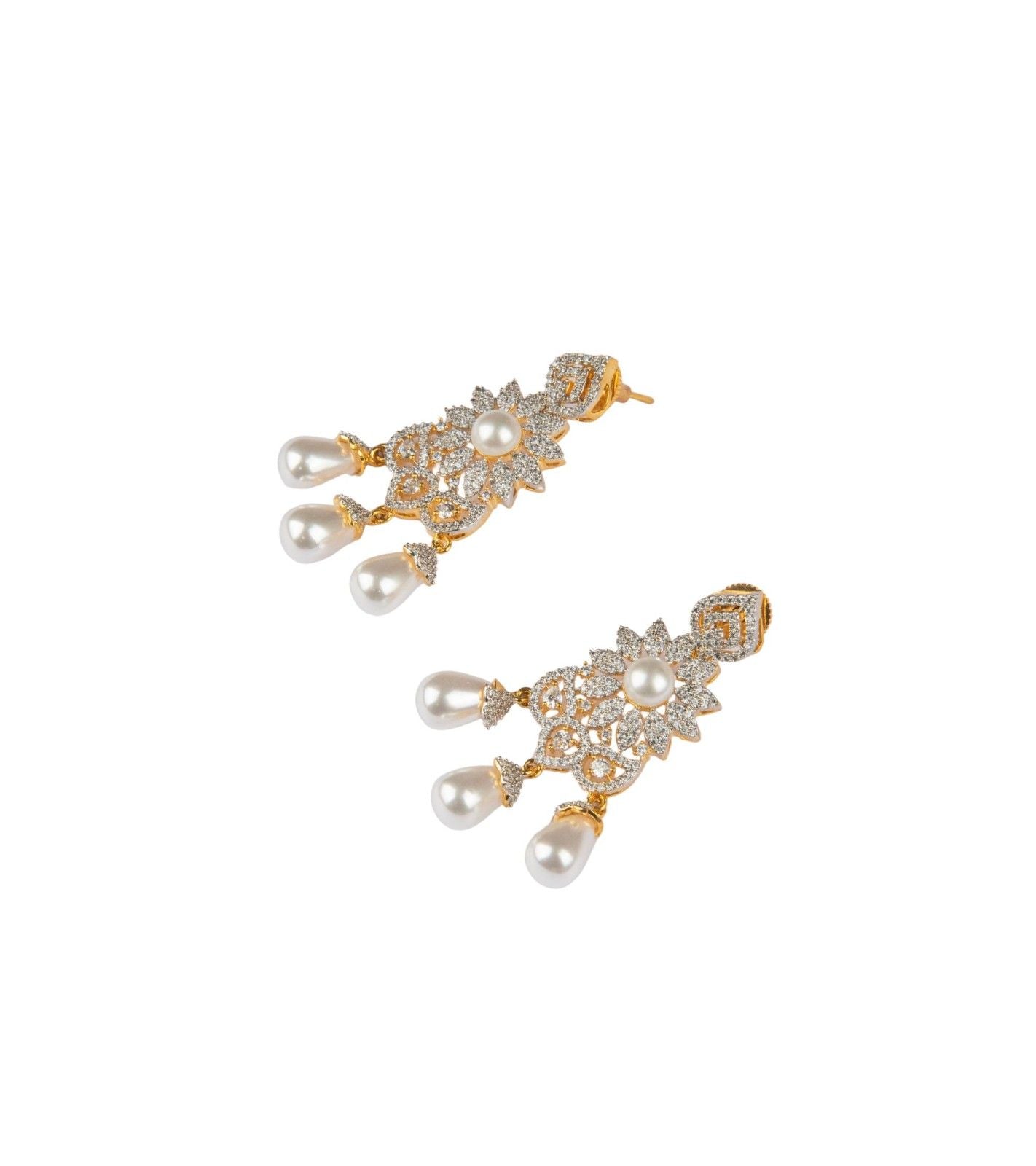 Dangling pearl earrings with gold-tone floral CZ design and pearl drops