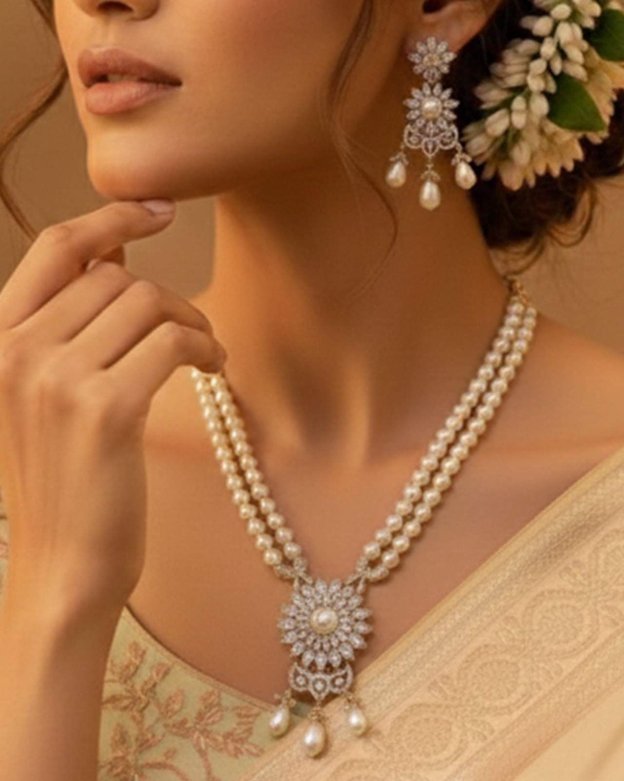 Premsons® Diamond Style Pearl Necklace Set – Double Strand Pearls with CZ Floral Pendant – White, Gold & Silver – Standard Fit