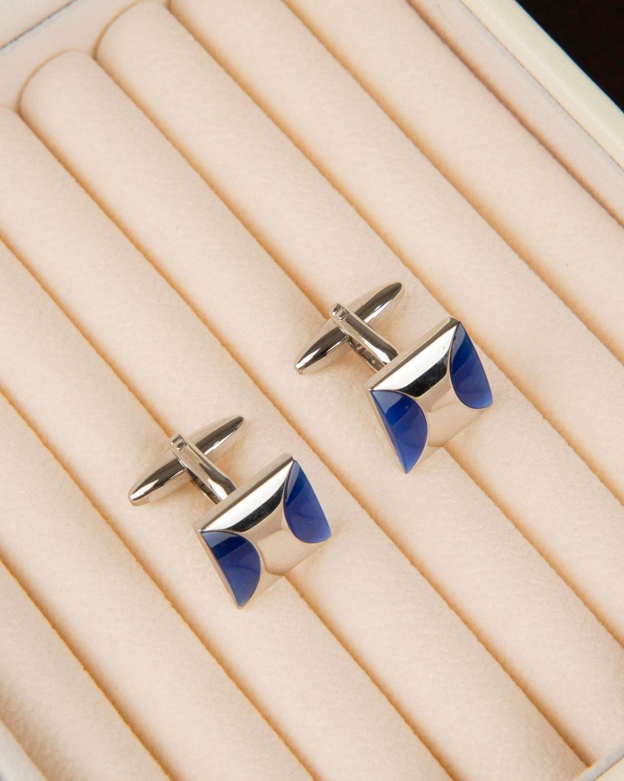 Premsons® Dual Blue Enamel Curve Design Silver Cufflinks for Men