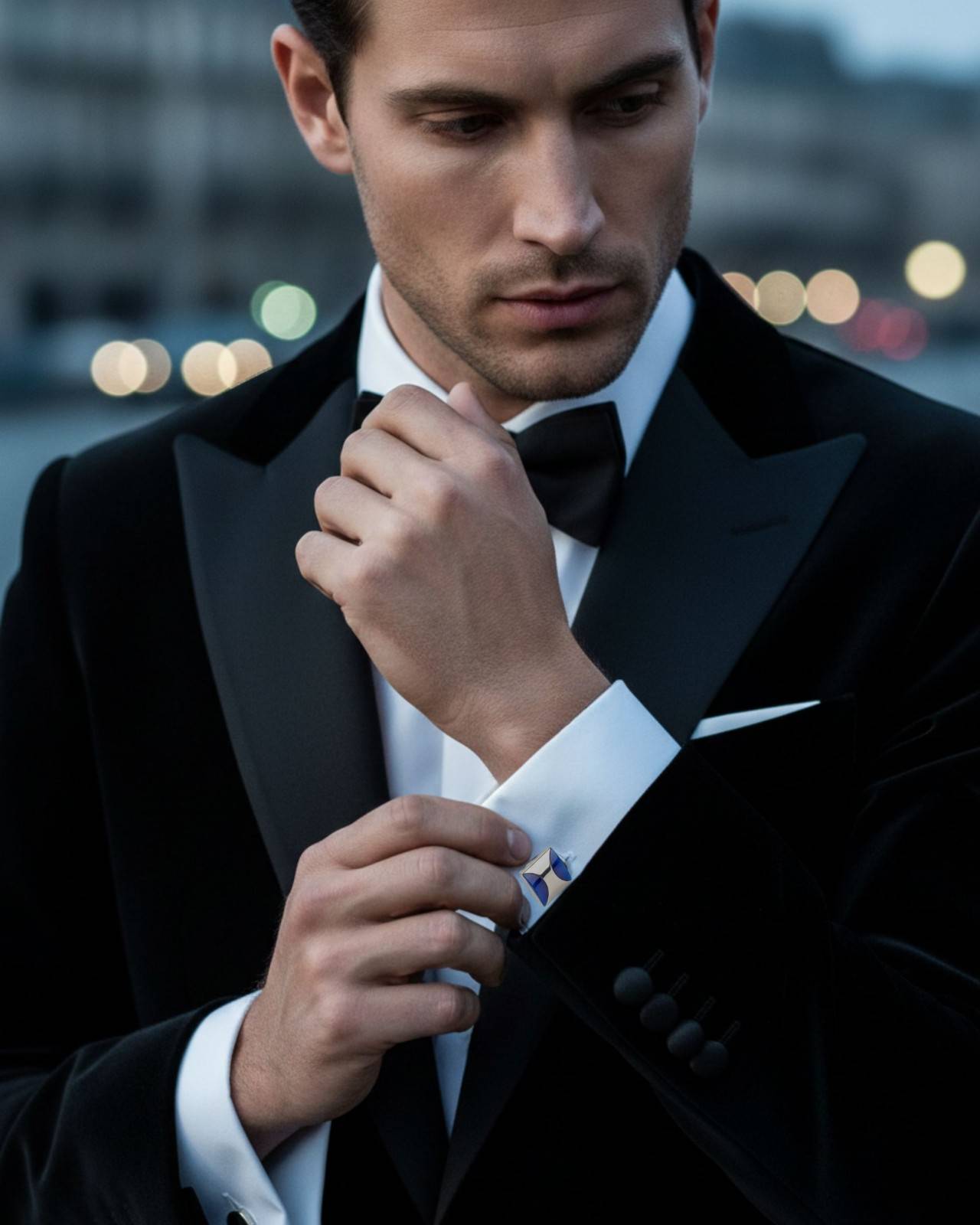 Premsons® Dual Blue Enamel Curve Design Silver Cufflinks for Men