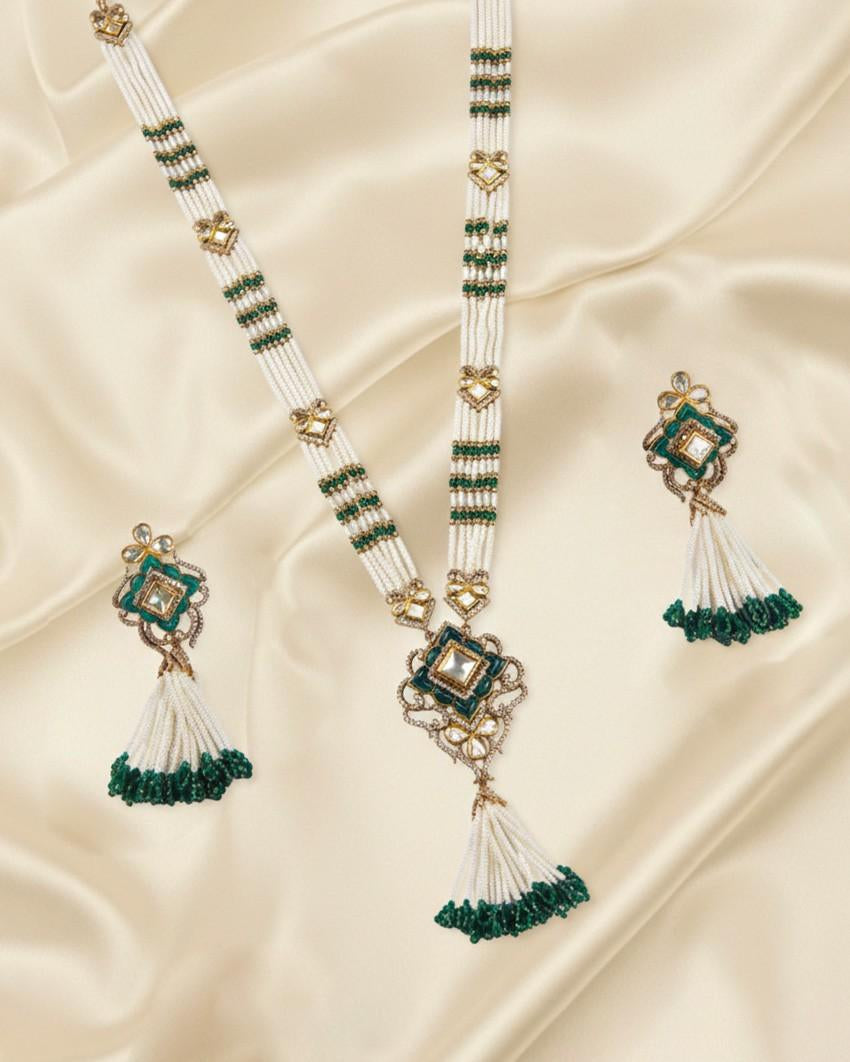 Premsons® Emerald Tassel Pearl Necklace Set – Multi-Strand Pearls with Kundan Tassels – White, Green & Gold – Adjustable Fit