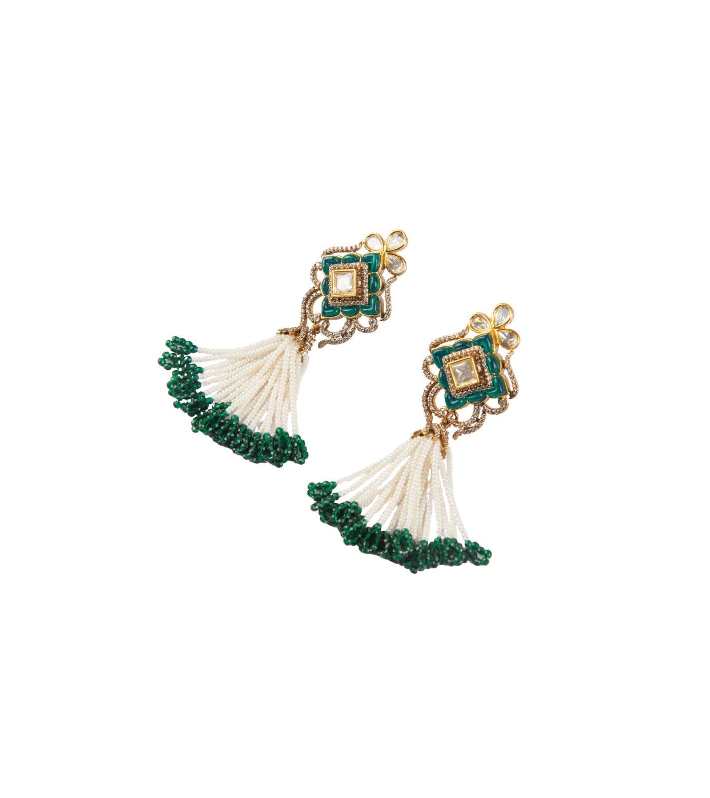 Kundan tassel earrings with teal center, white thread fringe and green tassels