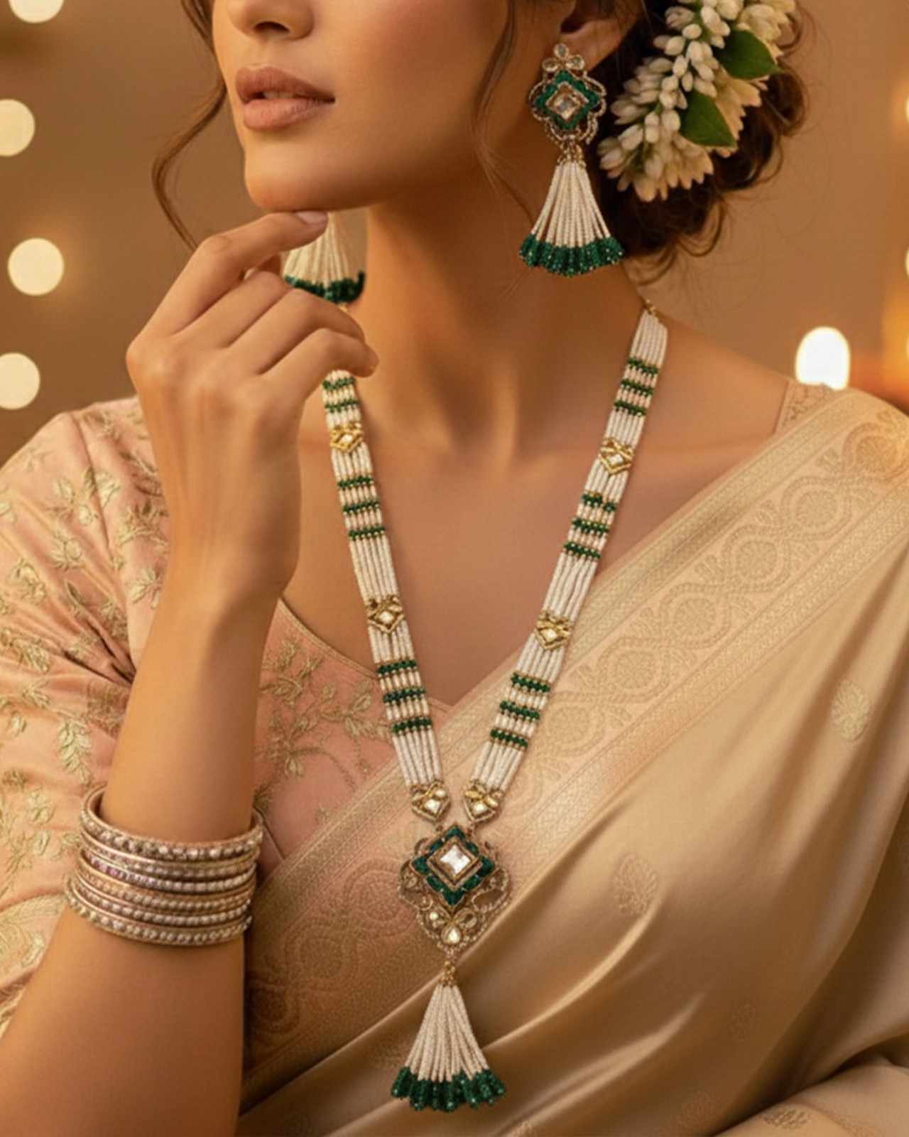 Premsons® Emerald Tassel Pearl Necklace Set – Multi-Strand Pearls with Kundan Tassels – White, Green & Gold – Adjustable Fit