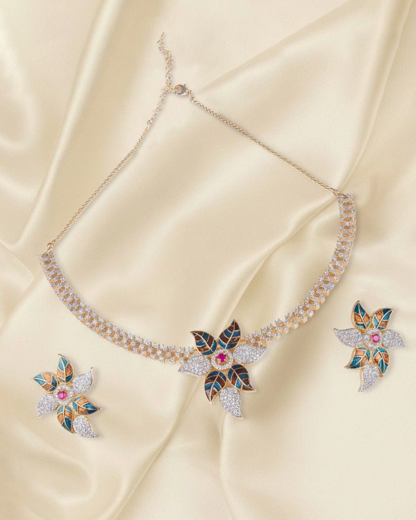 Premsons® Floral Meenakari Statement Necklace Set – Studded Chain with Enamel Flower Motif – Multicolor & Gold – Standard Fit