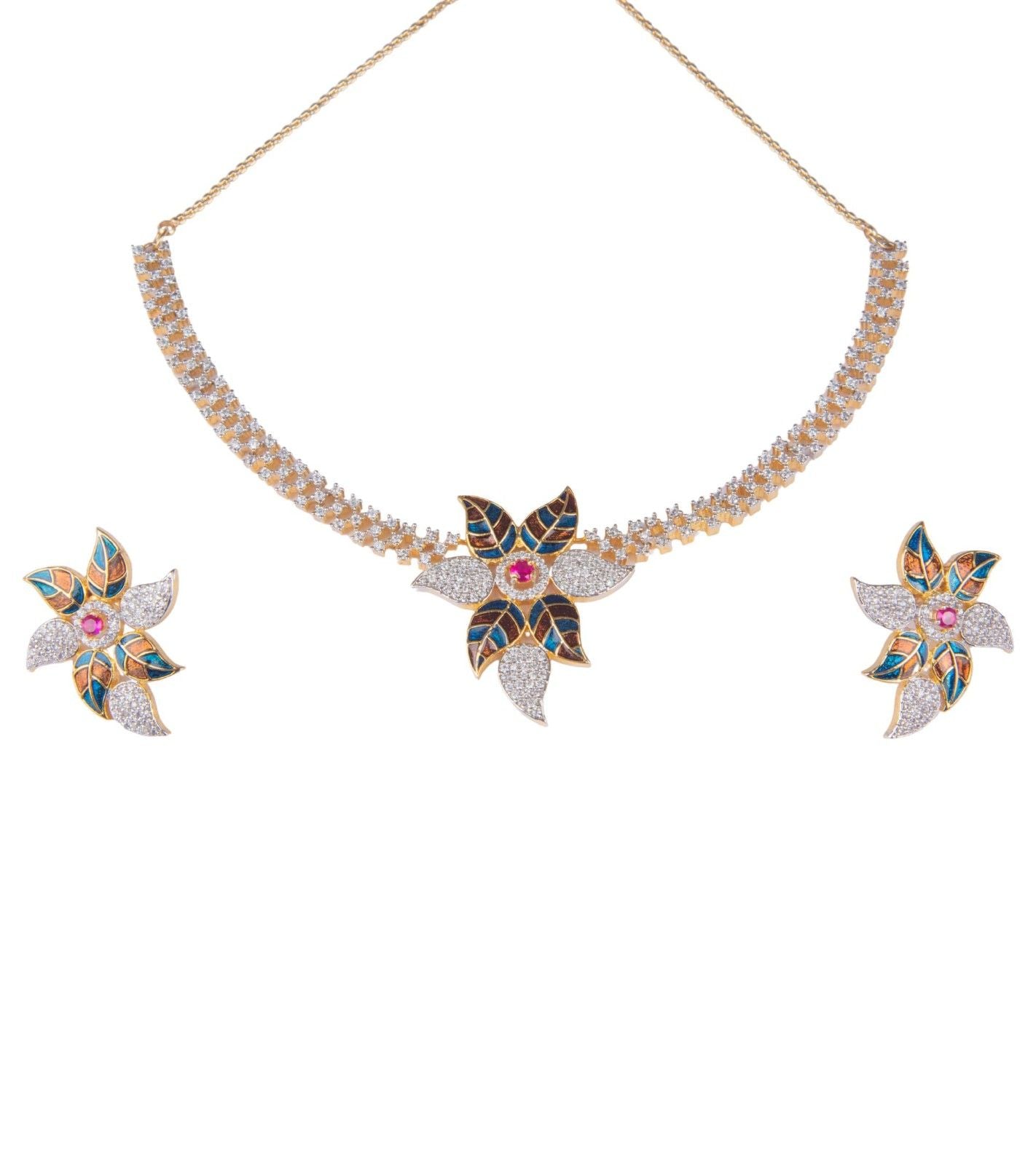 Floral necklace with multicolor enamel flower pendant and matching stud earrings