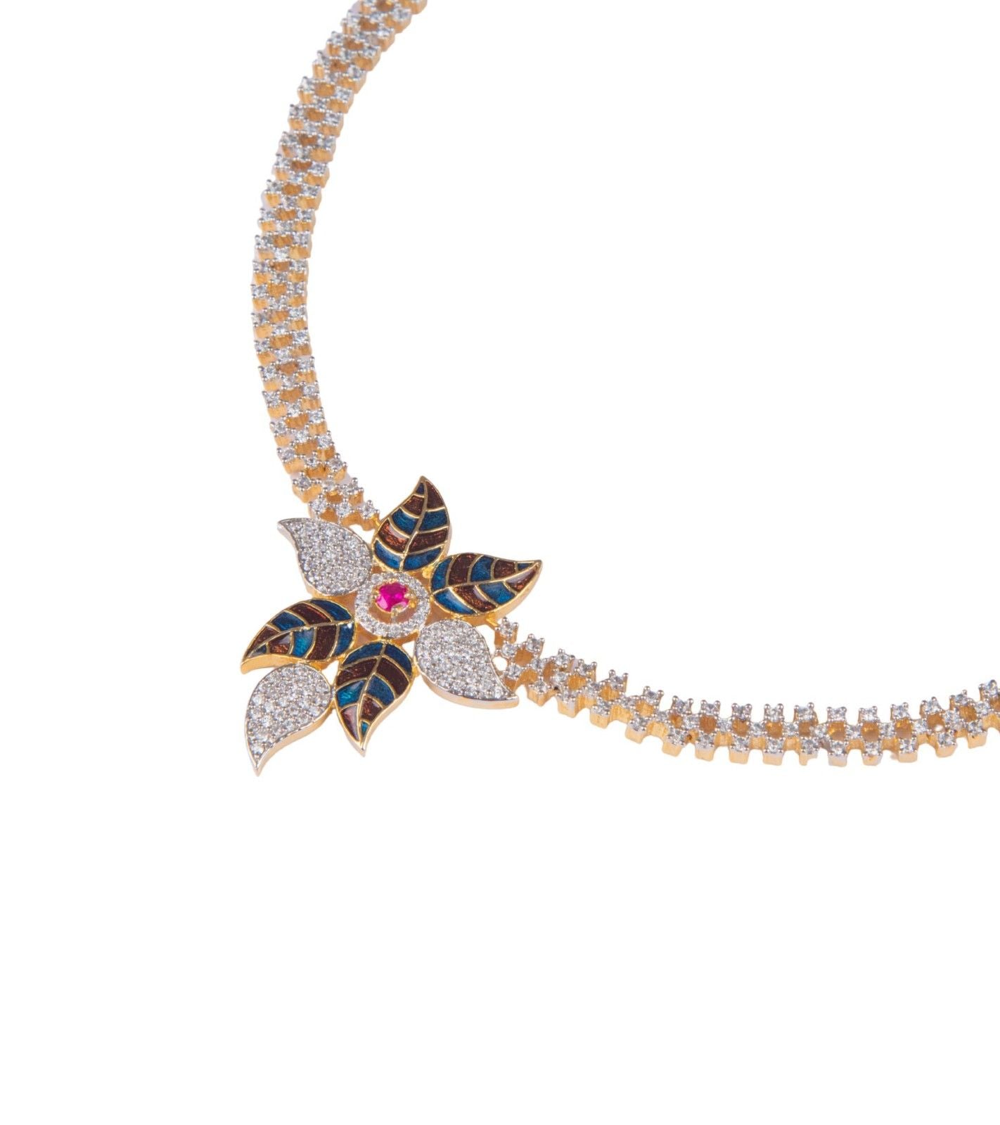 Gold-tone floral necklace pendant with multicolor enamel center and pavé stones