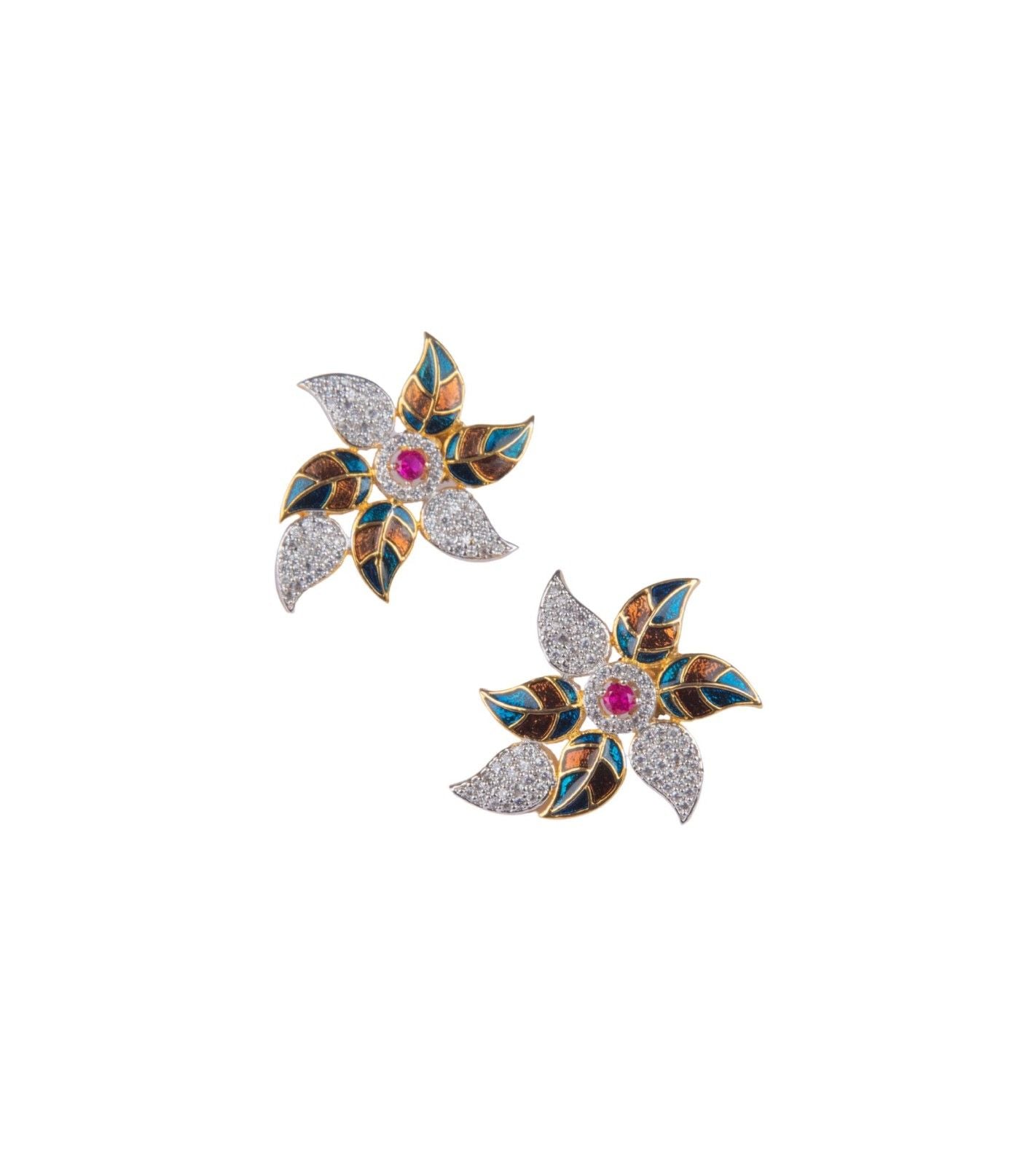 Floral stud earrings with multicolor enamel petals and pink jeweled center