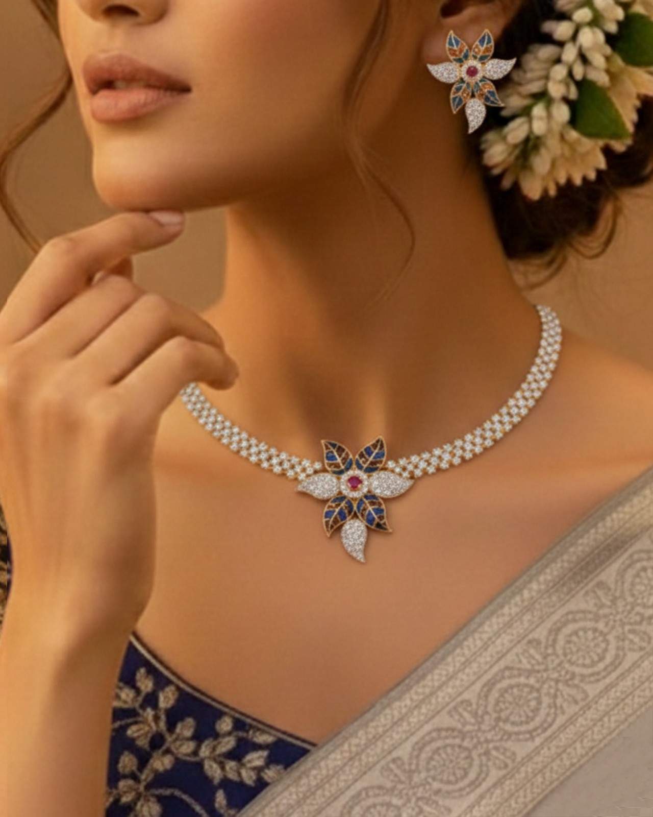 Premsons® Floral Meenakari Statement Necklace Set – Studded Chain with Enamel Flower Motif – Multicolor & Gold – Standard Fit
