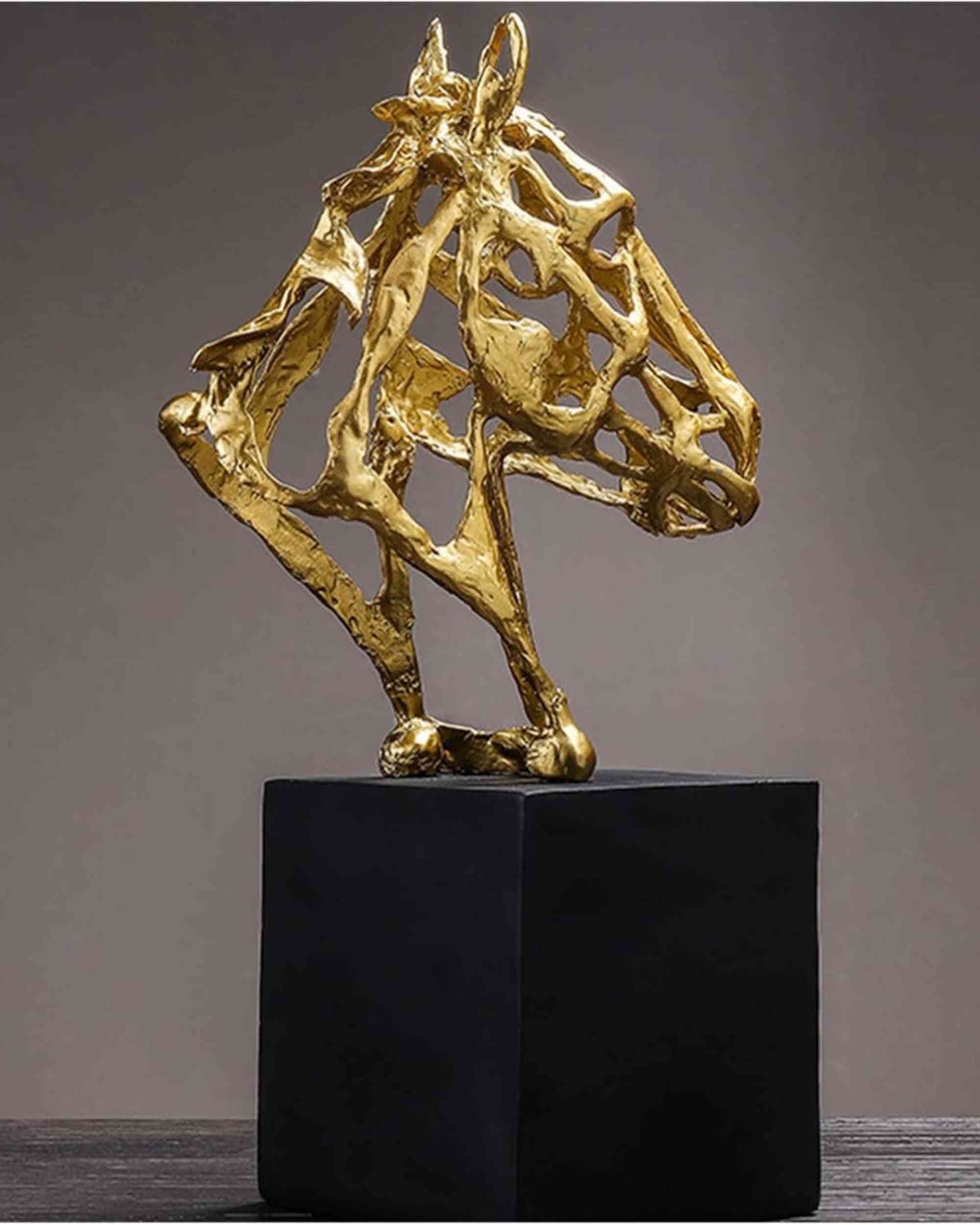 Premsons® Geometric Horse Sculpture – Metal & Marble Art Figurine – Gold