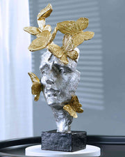 Premsons® Gilded Muse Abstract Face Sculpture – Resin Art Piece Lady & Butterflies – Gold & Silver