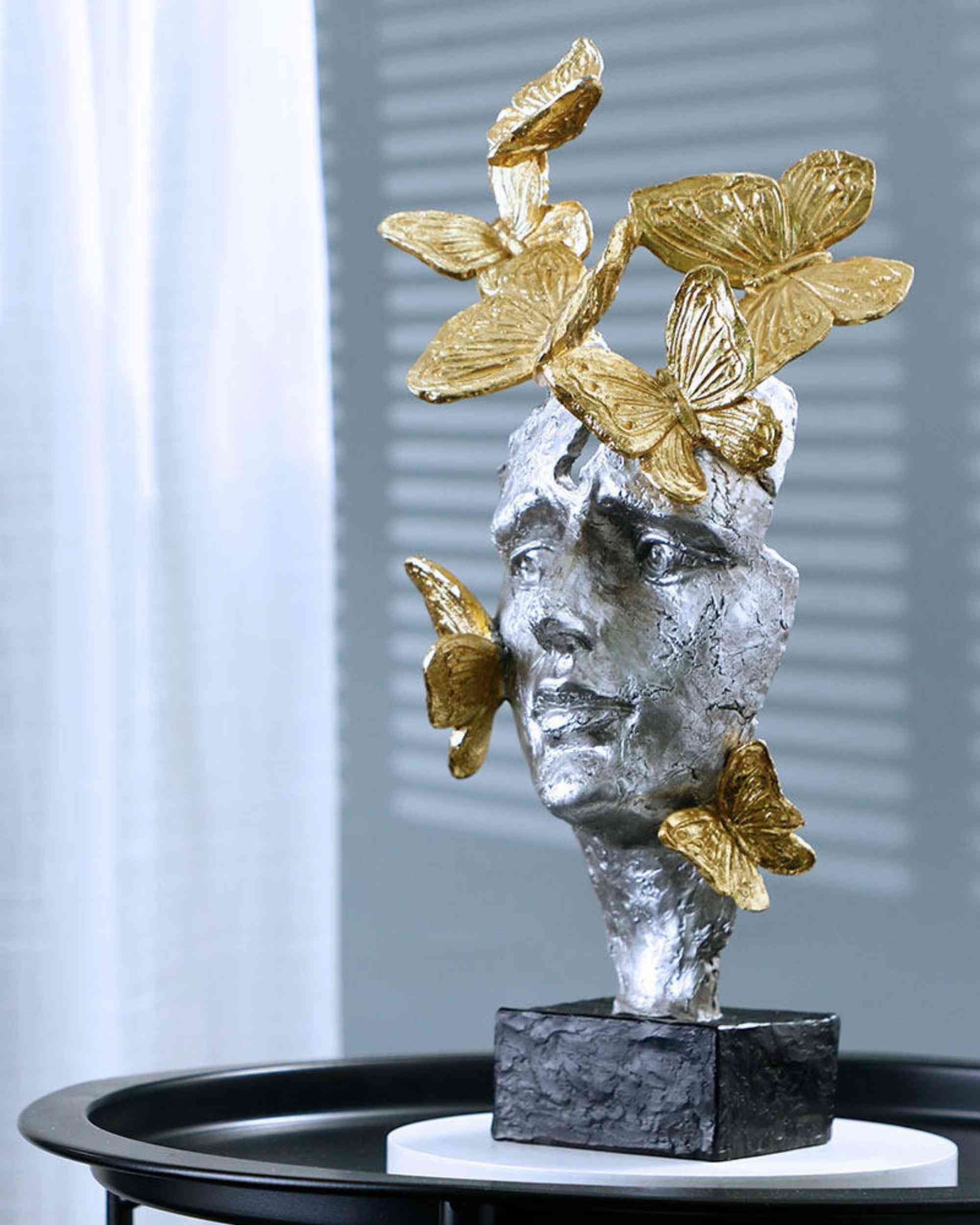 Premsons® Gilded Muse Abstract Face Sculpture – Resin Art Piece Lady & Butterflies – Gold & Silver