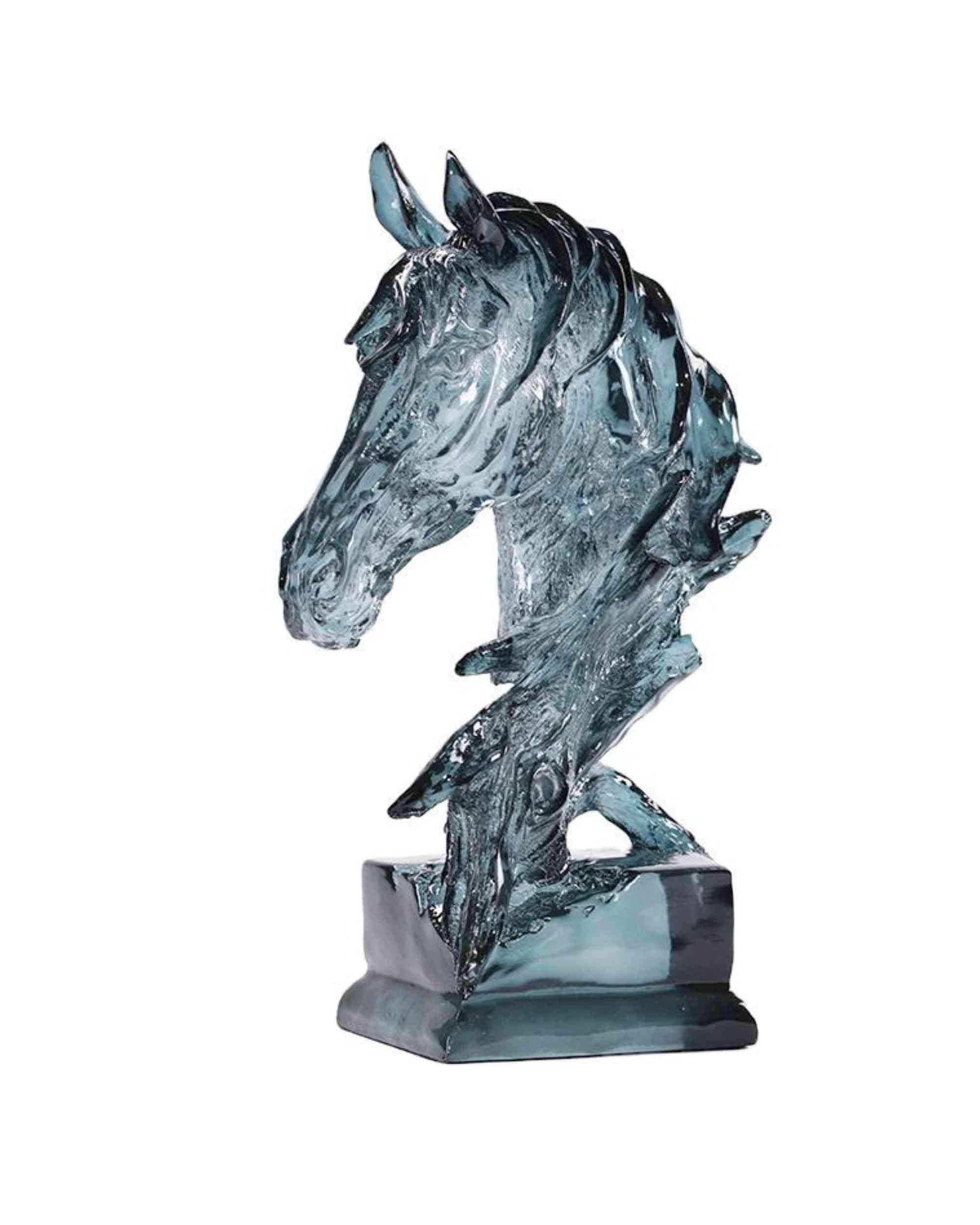 Ice blue resin horse figurine sculpture on square base, standing side view