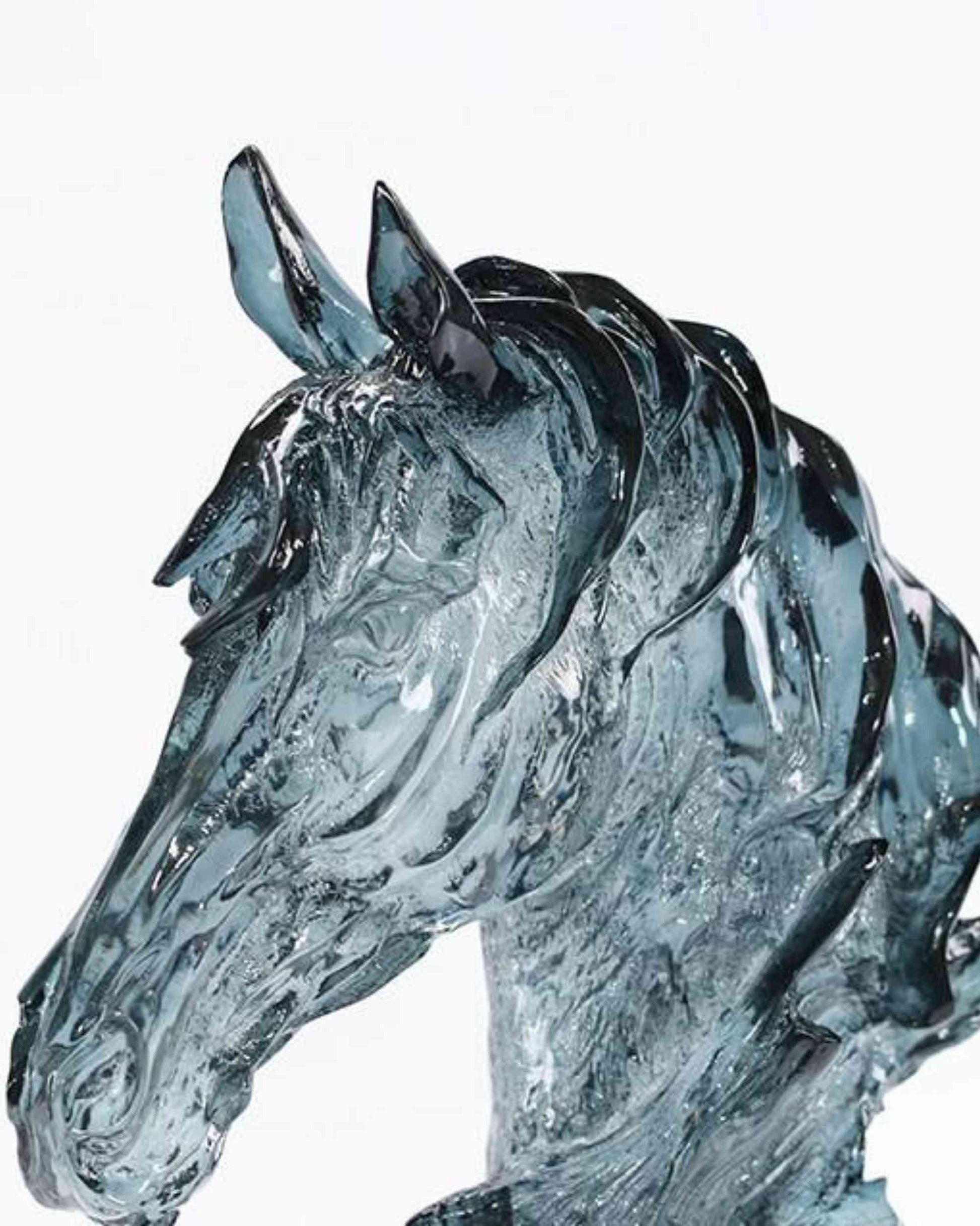 Ice blue resin horse head sculpture close-up, textured mane and face, angled view