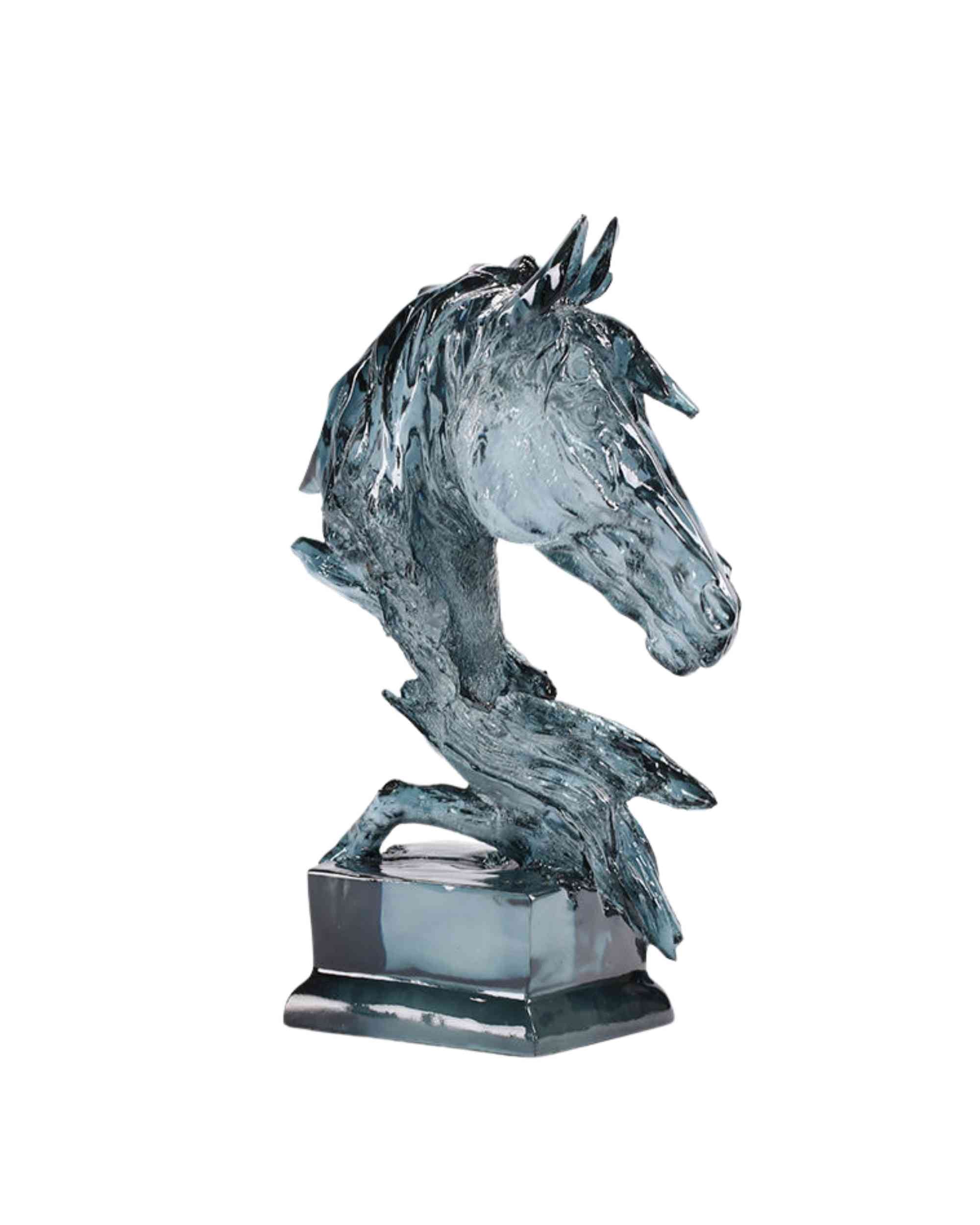 Ice blue resin horse head figurine sculpture on square base, rear side view