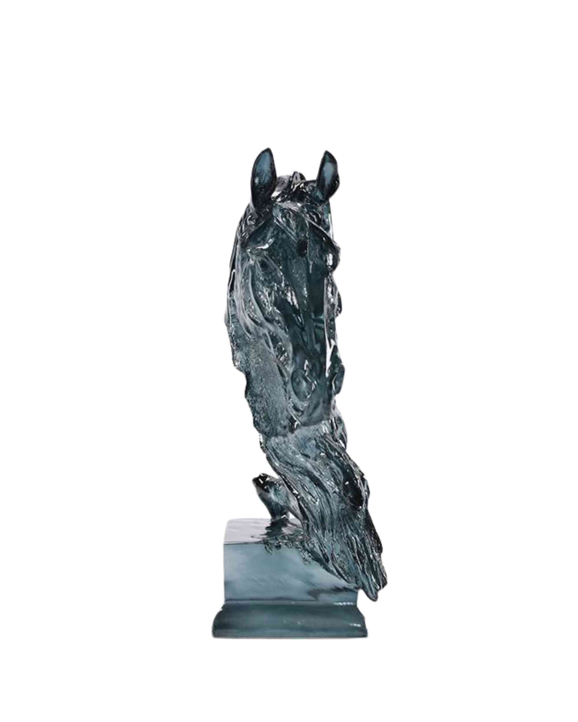 Ice blue resin horse figurine sculpture on base, tall rear view with raised mane