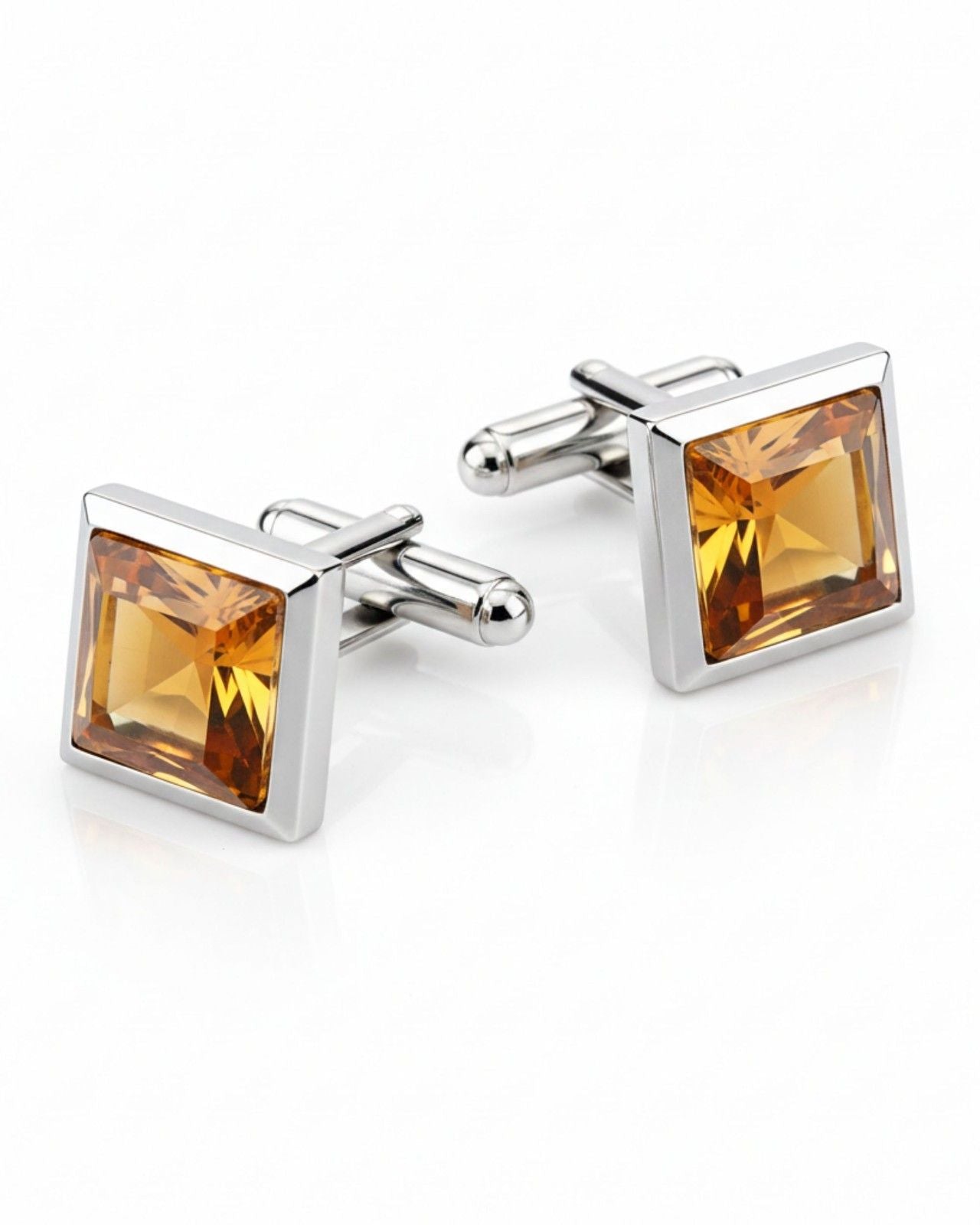 Premsons® Golden Amber Square Stone Silver Cufflinks for Men