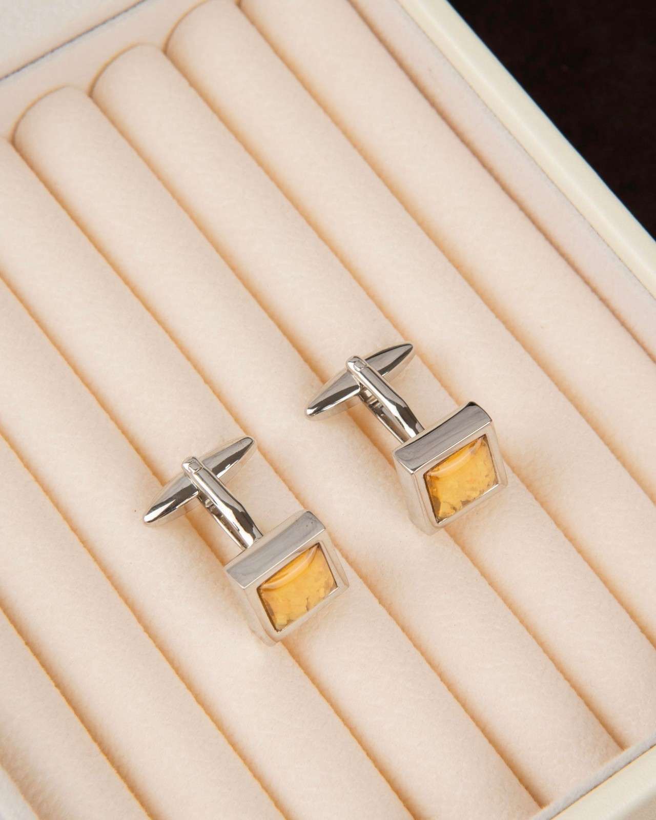 Premsons® Golden Amber Square Stone Silver Cufflinks for Men