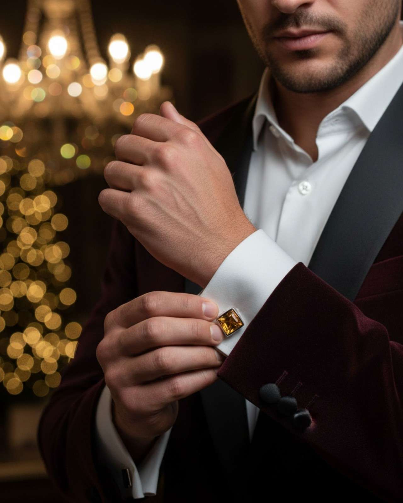 Premsons® Golden Amber Square Stone Silver Cufflinks for Men