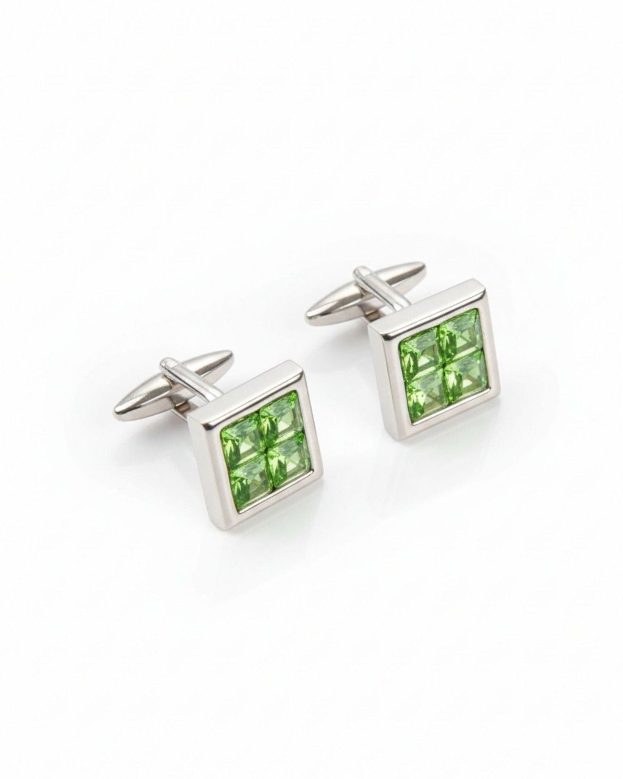 Premsons® Green Crystal Grid Square Silver Cufflinks for Men