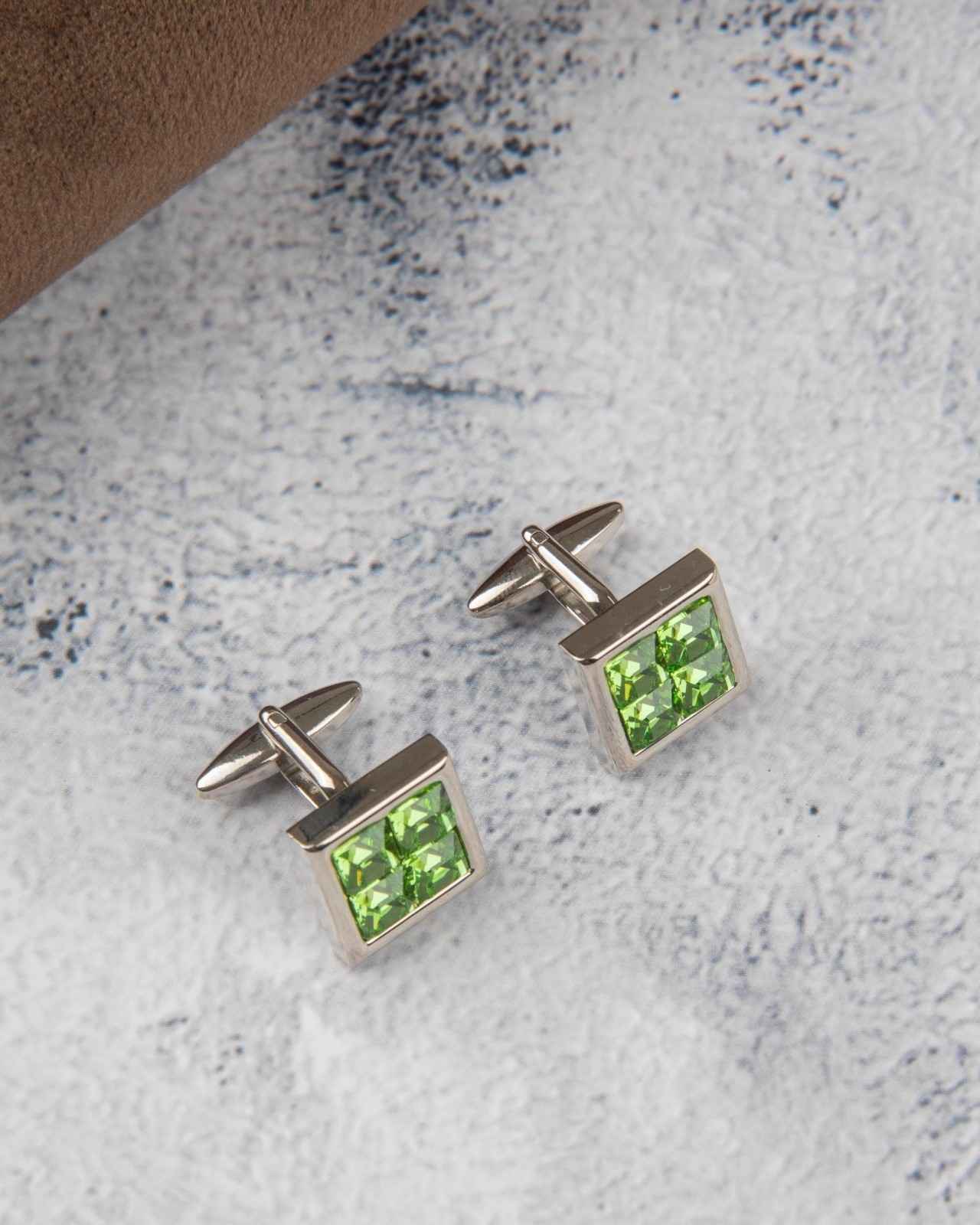Premsons® Green Crystal Grid Square Silver Cufflinks for Men