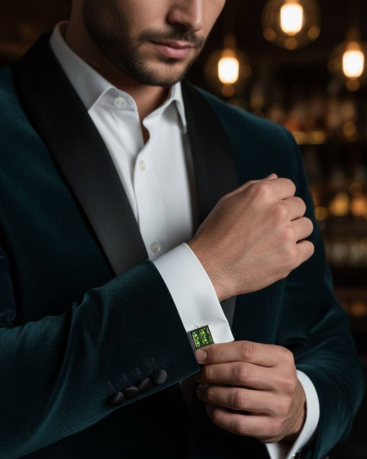 Premsons® Green Crystal Grid Square Silver Cufflinks for Men