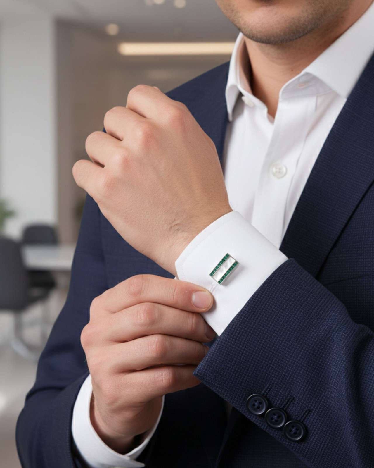 Premsons® Green Crystal & Mother-of-Pearl Inlay Silver Cufflinks for Men – Luxury Formal Accessories