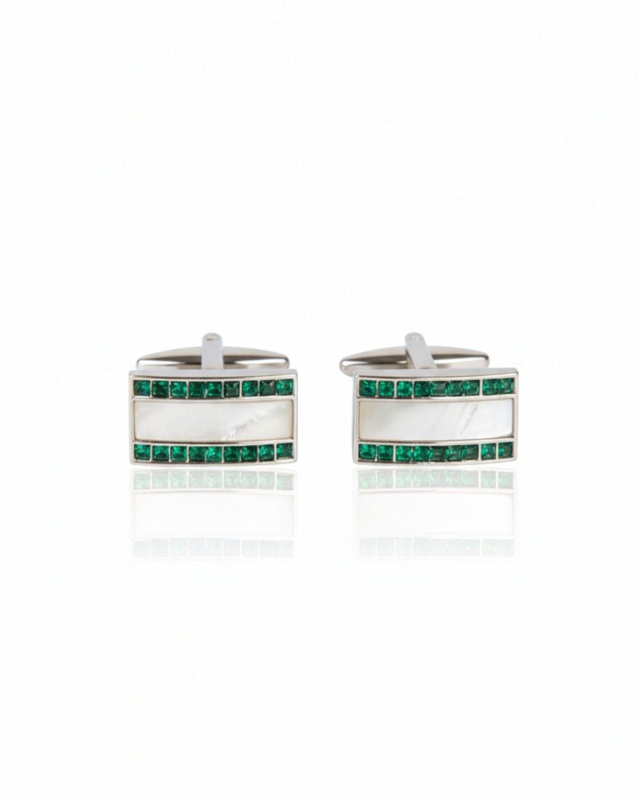 Premsons® Green Crystal & Mother-of-Pearl Inlay Silver Cufflinks for Men – Luxury Formal Accessories