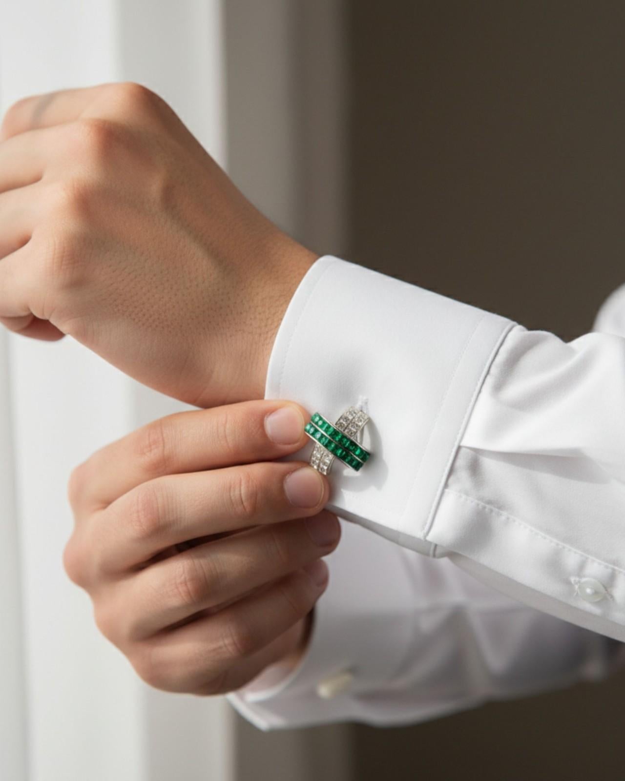 Premsons® Green Crystal Wave Design Silver Cufflinks for Men