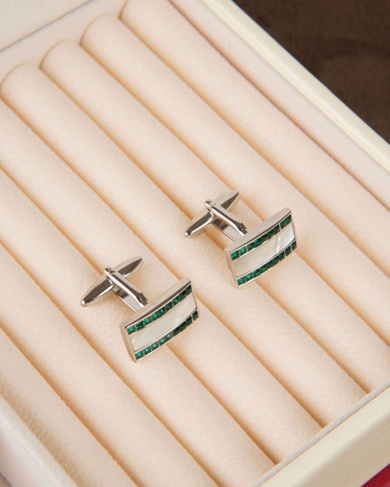 Premsons® Green Crystal & Mother-of-Pearl Inlay Silver Cufflinks for Men – Luxury Formal Accessories