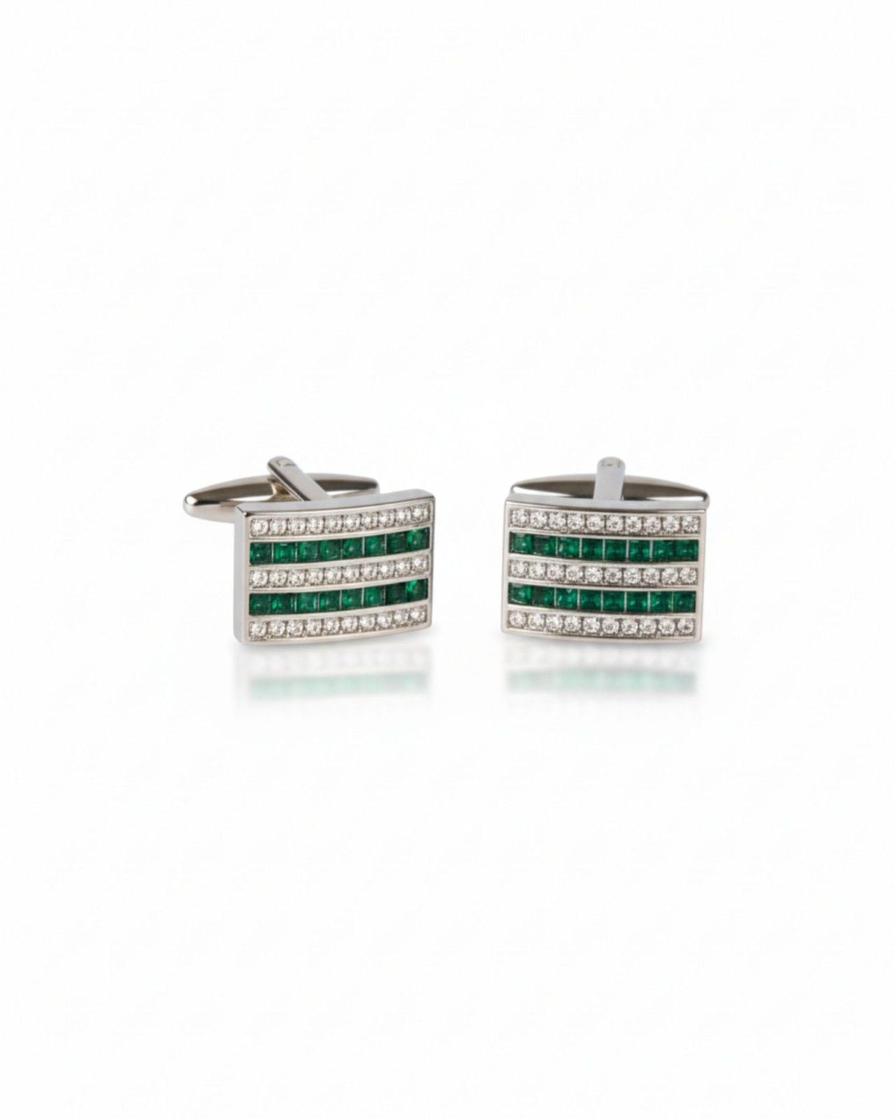 Premsons® Green & Clear Crystal Stripe Square Silver Cufflinks for Men