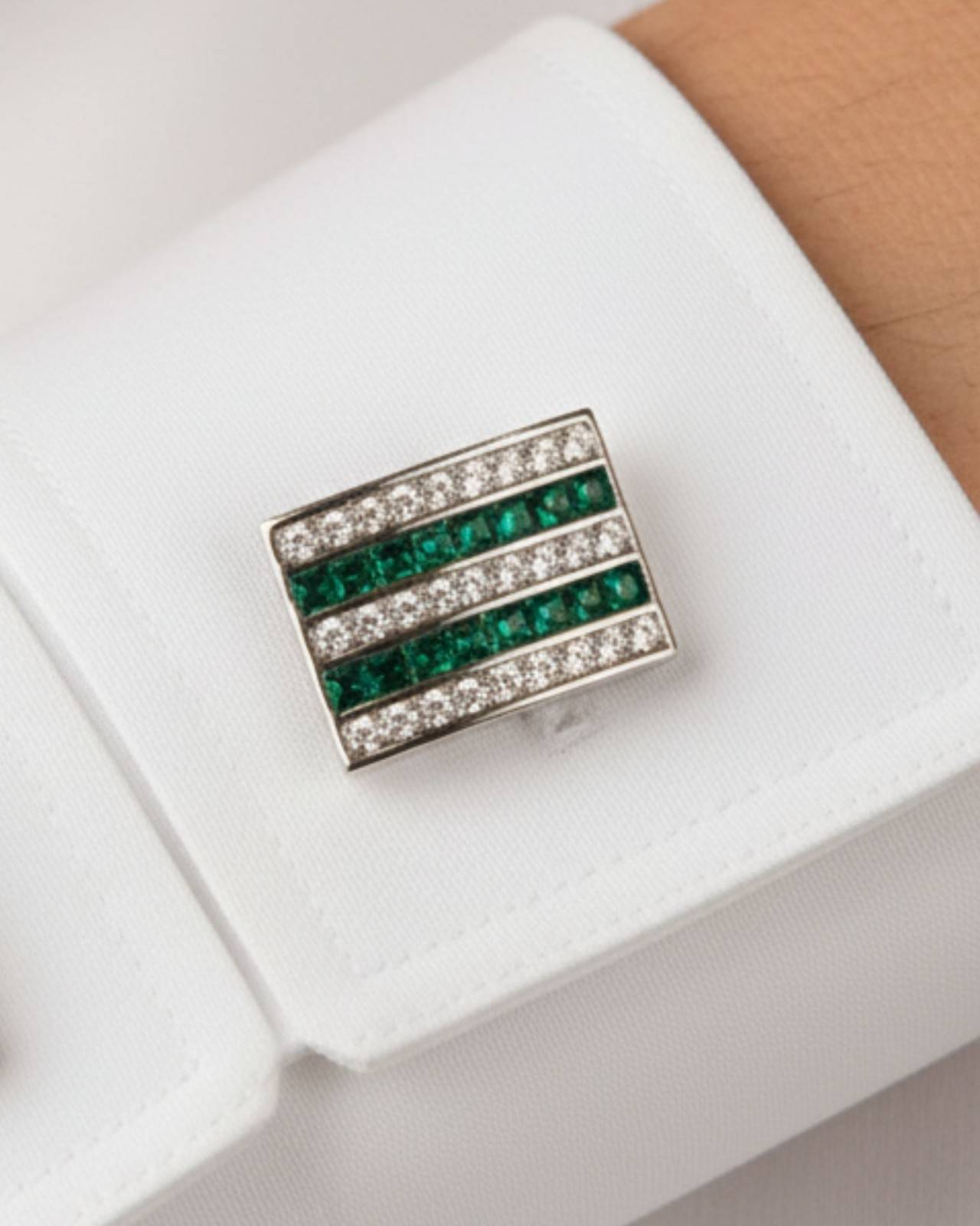 Premsons® Green & Clear Crystal Stripe Square Silver Cufflinks for Men